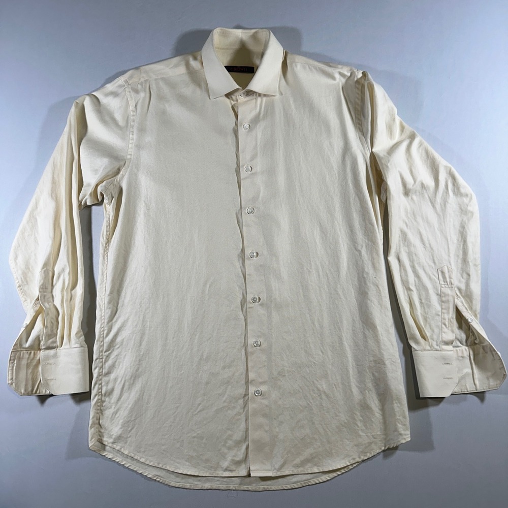 Crown Herringbone Dress Shirt Yellow Long Sleeve‎ Button Down Collared Mens M